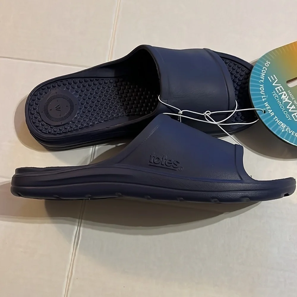 NWT-totes-11-blue-made with everywhere, technology slides, sandals, flip-flops